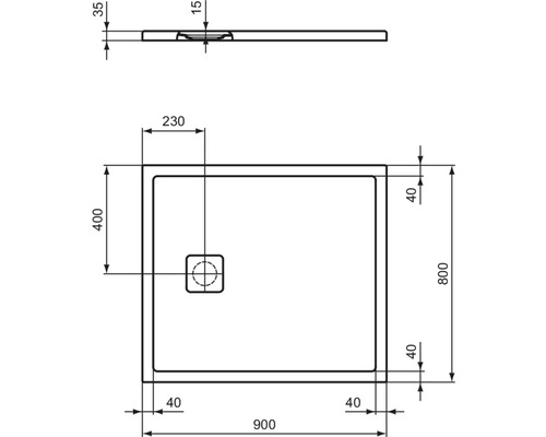 Technische Zeichnung einer Duschwanne mit Maßangaben