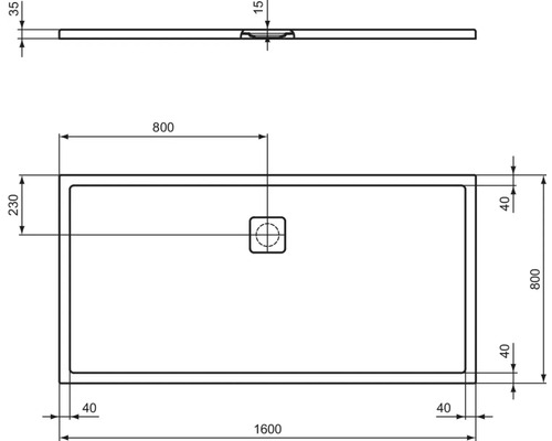 Technische Zeichnung einer Duschwanne mit Maßangaben