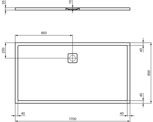 Technische Zeichnung einer Duschwanne mit Maßangaben.