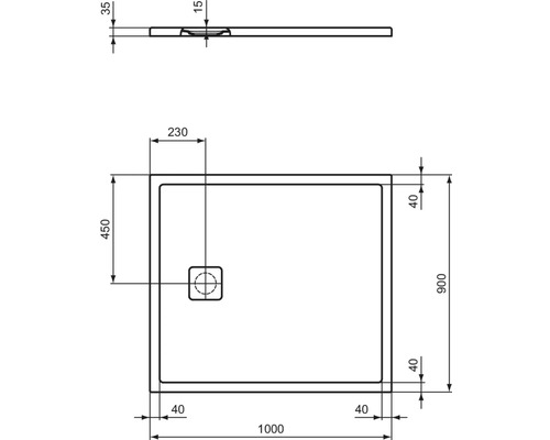 Technische Zeichnung einer Duschwanne mit Maßen 1000 x 900 mm.