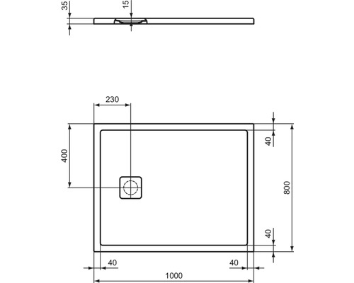 Technische Zeichnung einer Duschwanne mit Maßangaben