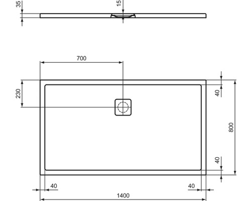 Technische Zeichnung einer Duschwanne mit Maßangaben