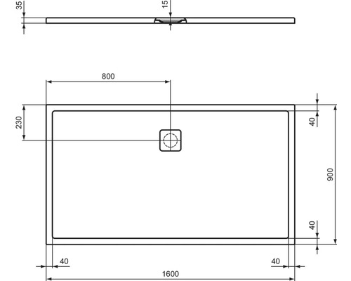 Technische Zeichnung einer Duschwanne mit Maßangaben.