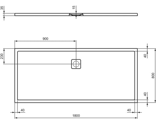 Technische Zeichnung einer Duschwanne mit Maßangaben