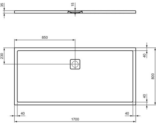 Technische Zeichnung einer Duschwanne mit Maßangaben
