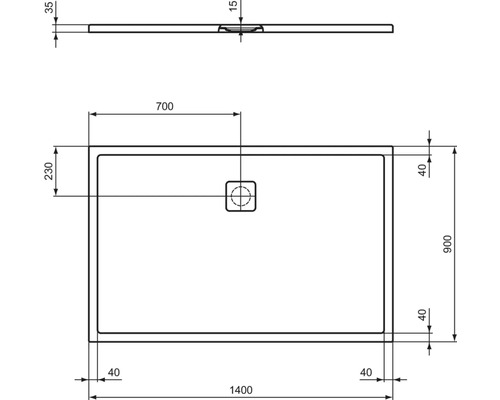Technische Zeichnung einer Duschwanne mit Maßangaben