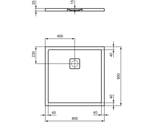 Technische Zeichnung einer Duschwanne mit Maßangaben