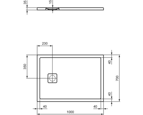 Technische Zeichnung einer Duschwanne mit Abmessungen 1000 x 700 mm