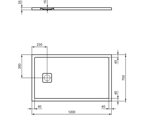 Technische Zeichnung einer Duschwanne mit Maßen 1200 x 700 mm