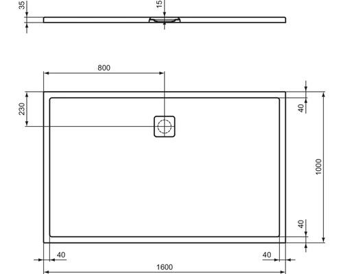 Technische Zeichnung einer Duschwanne mit Maßangaben