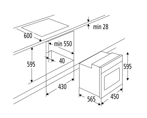 Skizze mit Einbaumaßen für ein Kochfeld und einen Backofen