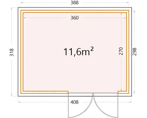 Grundrisszeichnung eines Gartenhauses mit Maßangaben