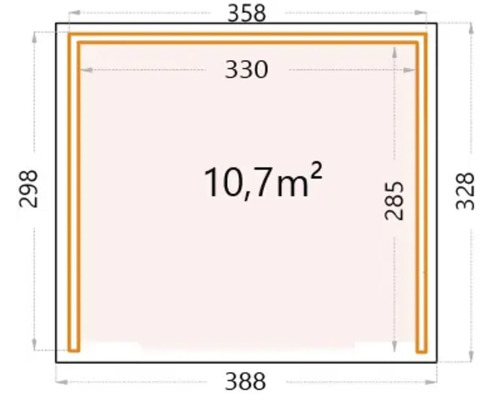 Grundriss mit Abmessungen und einer Fläche von 10,7 Quadratmetern