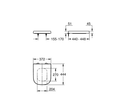 Technische Zeichnung eines WC-Sitzes mit Maßangaben