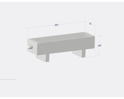 Illustration eines rechteckigen Filters mit den Maßen 800 x 230 x 250 Millimeter.