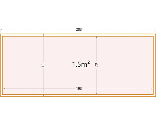 Technische Zeichnung eines Rechtecks mit den Maßen 203 mal 75 Zentimeter, was einer Fläche von 1,5 Quadratmetern entspricht