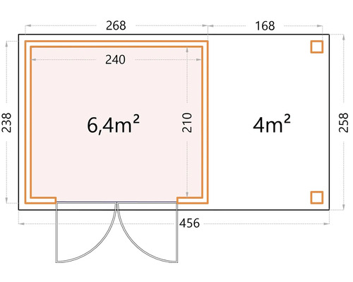 Grundriss eines Gartenhauses mit den Maßen 268 mal 238 Zentimeter und 168 mal 258 Zentimeter