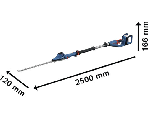 Abbildung einer Heckenschere mit den Maßen 2500 mm Länge, 120 mm Breite und 166 mm Höhe.