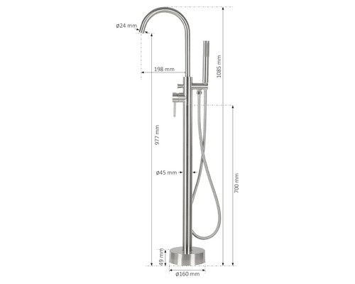 Technische Zeichnung einer freistehenden Badewannenarmatur mit Handbrause und Maßangaben