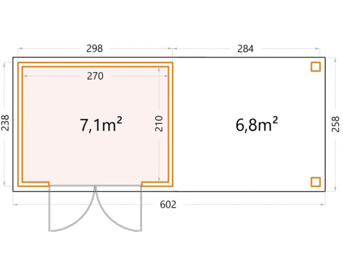 Grundriss eines Gartenhauses mit Maßangaben.