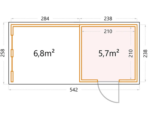 Grundrisszeichnung eines Gartenhauses mit den Maßen 542 mal 258 Zentimeter