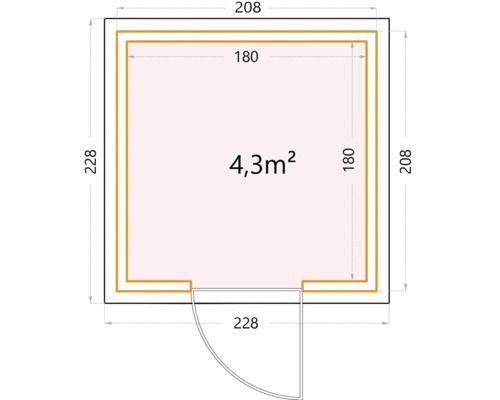 Grundriss eines Gartenhauses mit den Maßen 208 x 228 Zentimeter und einer Fläche von 4,3 Quadratmetern