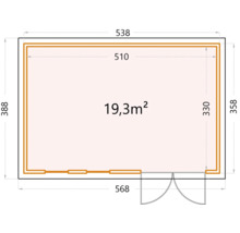 Grundrisszeichnung eines Gartenhauses mit den Massangaben 538 x 388 Zentimeter und einer Fläche von 19,3 Quadratmeter.