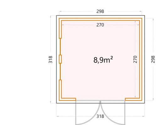 Grundrisszeichnung eines Gartenhauses mit Maßangaben in Zentimetern und Flächenangabe in Quadratmetern