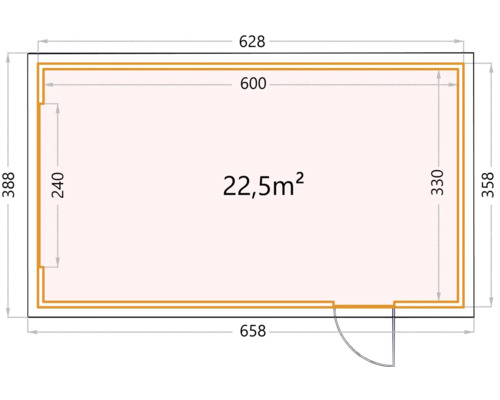 Grundriss eines Gartenhauses mit den Maßen 628 x 658 x 388 cm und einer Fläche von 22,5 Quadratmetern