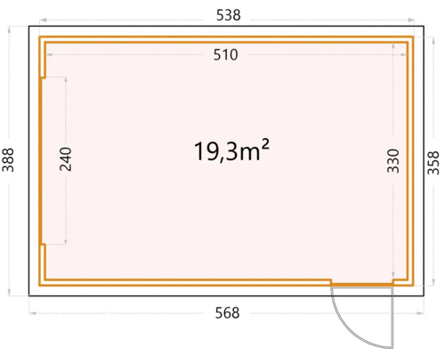 Grundriss mit Abmessungen und einer Fläche von 19,3 Quadratmetern