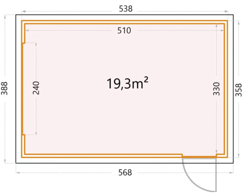 Grundriss eines Gartenhauses mit Tür und Maßangaben