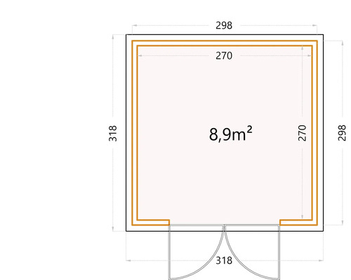 Grundriss eines Gartenhauses mit Abmessungen und einer Fläche von 8,9 Quadratmetern