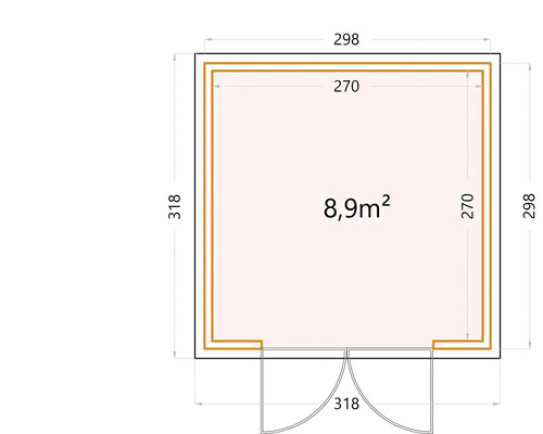 Grundrisszeichnung eines Gartenhauses mit den Maßen 298 mal 318 Zentimeter und einer Fläche von 8,9 Quadratmetern