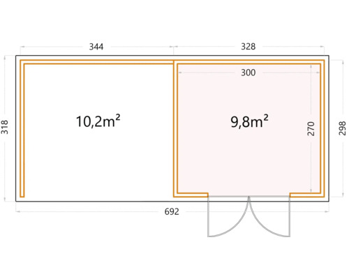 Grundriss eines Gartenhauses mit zwei Räumen und den Maßen 344 x 318 Zentimeter und 328 x 298 Zentimeter