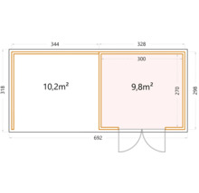 Gartenhaus Classico 3330 inkl. Lounge 3330 links mit Seitendach, Rück- und Seitenwand 691 x 318 cm lichtgrau