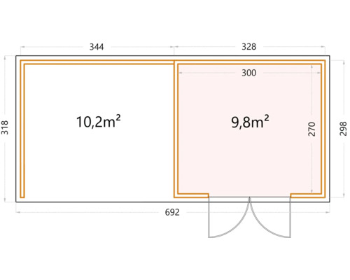 Grundrisszeichnung eines Gartenhauses mit Flächenangaben