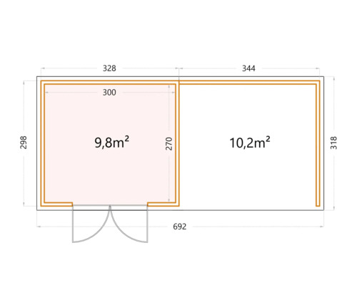 Grundrisszeichnung eines Gartenhauses mit Abmessungen und Flächenangaben