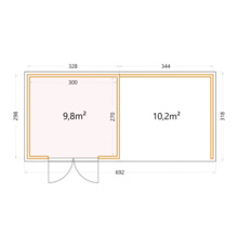 Gartenhaus Classico 3330 inkl. Lounge 3330 rechts mit Seitendach, Rück- und Seitenwand 691 x 318 cm granitgrau