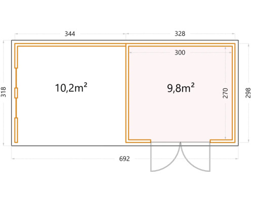 Grundriss eines Gartenhauses mit den Maßen 692 x 318 cm und einer Fläche von 10,2 m² und 9,8 m².
