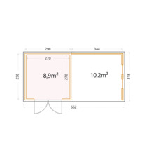 Gartenhaus Classico 3330 inkl. Lounge 3330 rechts mit Seitendach, Rück- und Seitenwand inkl. Fenster 691 x 318 cm weiß