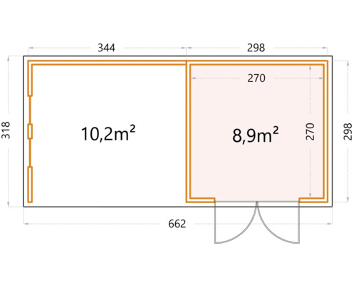 Grundriss eines Gartenhauses mit Maßangaben