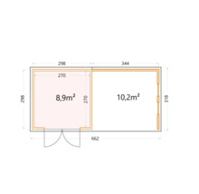 Gartenhaus Classico 3030 inkl. Lounge 3330 rechts mit Seitendach, Rück- und Seitenwand inkl. Fenster 662 x 318 cm lichtgrau