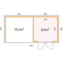 Gartenhaus Classico 3030 inkl. Lounge 3330 links mit Seitendach, Rück- und Seitenwand 662 x 318 cm weiß