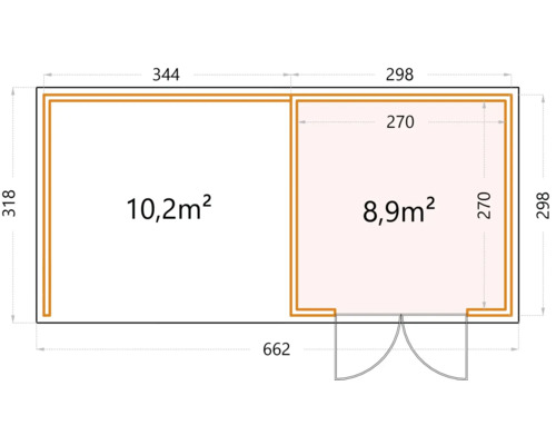 Grundrisszeichnung eines Gartenhauses mit Maßangaben