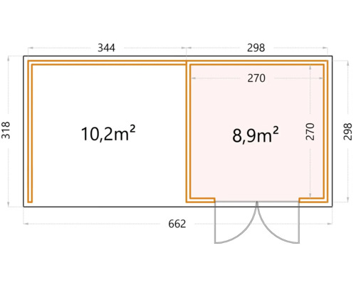Grundriss eines Gartenhauses mit den Maßen 662 x 318 Zentimeter und zwei Räumen mit 10,2 und 8,9 Quadratmetern