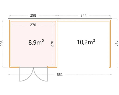 Grundrisszeichnung eines Gartenhauses mit Flächenangaben und Abmessungen