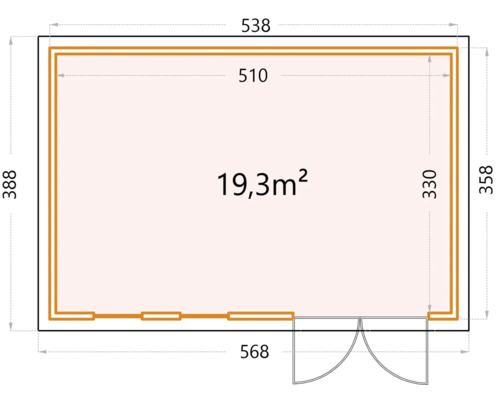 Grundrisszeichnung eines Gartenhauses mit Maßangaben und einer Fläche von 19,3 Quadratmetern