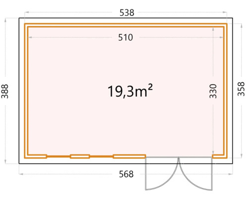 Grundrisszeichnung eines Gartenhauses mit den Maßen 538 mal 388 Zentimeter und einer Fläche von 19,3 Quadratmetern