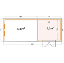 Grundriss eines Gartenhauses mit den Maßen 812 mal 318 cm und einer Fläche von 13,8 Quadratmetern sowie einem Anbau von 9,8 Quadratmetern