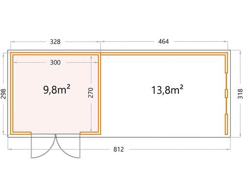 Grundriss eines Gartenhauses mit den Maßen 812 mal 318 Zentimeter.